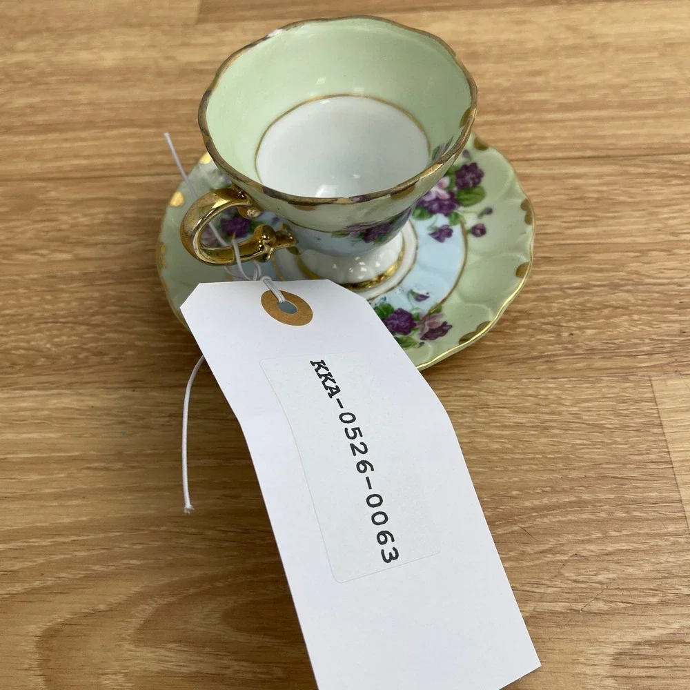 Lefton China 124 Hand Painted Violets Teacup and Saucer Set Gold Trim Mint Green